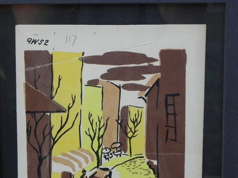 I Like Mike's Mid Century Modern Wall Decor & Art Mid-Century Lithograph by Wylie Newly Framed-Street Scene with Café, Truck & Front Fountain, Brown & Yellow (b)