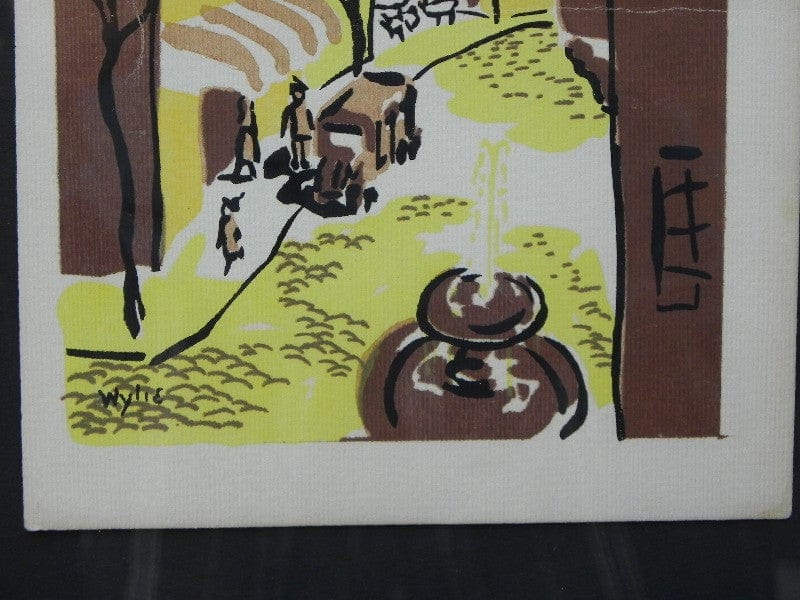 I Like Mike's Mid Century Modern Wall Decor & Art Mid-Century Lithograph by Wylie Newly Framed-Street Scene with Café, Truck & Front Fountain, Brown & Yellow (b)