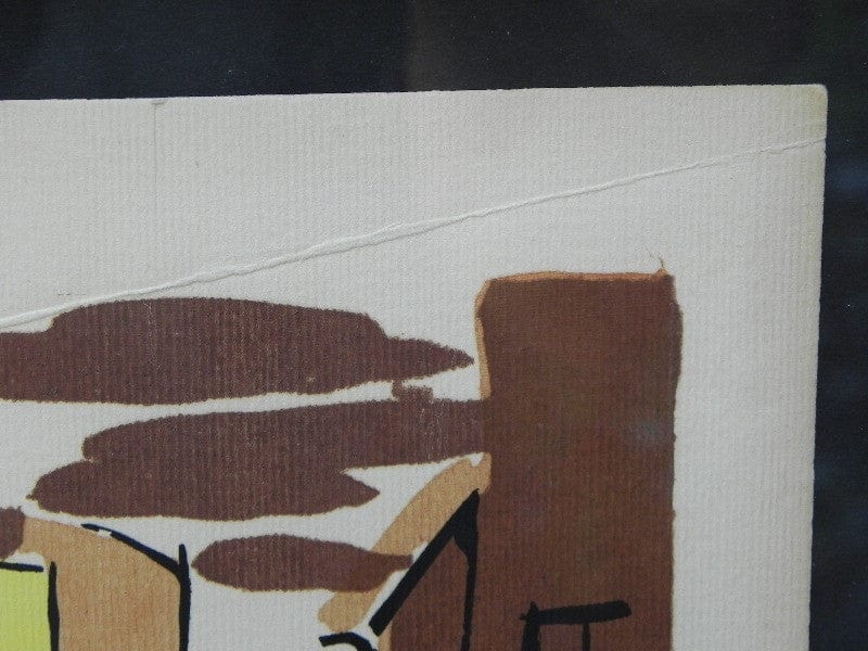 I Like Mike's Mid Century Modern Wall Decor & Art Mid-Century Lithograph by Wylie Newly Framed-Street Scene with Café, Truck & Front Fountain, Brown & Yellow (b)