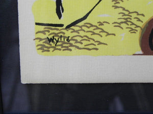 I Like Mike's Mid Century Modern Wall Decor & Art Mid-Century Lithograph by Wylie Newly Framed-Street Scene with Café, Truck & Front Fountain, Brown & Yellow (b)