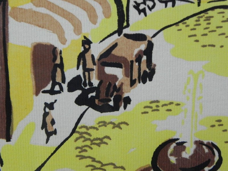 I Like Mike's Mid Century Modern Wall Decor & Art Mid-Century Lithograph by Wylie Newly Framed-Street Scene with Café, Truck & Front Fountain, Brown & Yellow (b)
