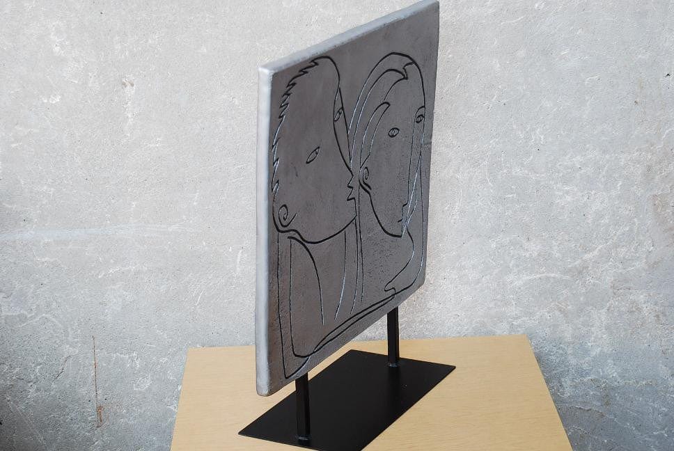 I Like Mike's Mid-Century Modern Wall Decor & Art Modern Picasso-like Grey Flat Ceramic Table Sculpture of Man & Woman