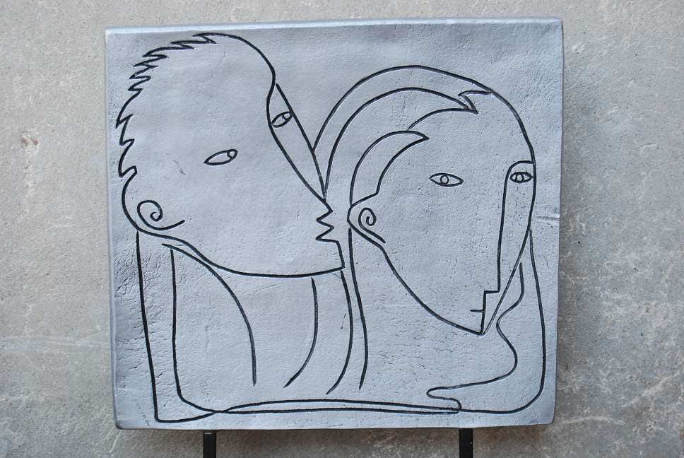 I Like Mike's Mid-Century Modern Wall Decor & Art Modern Picasso-like Grey Flat Ceramic Table Sculpture of Man & Woman