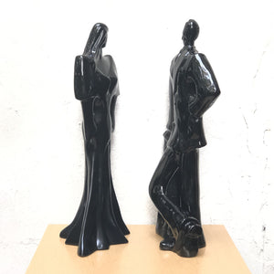I Like Mike's Mid Century Modern Wall Decor & Art Neo Deco Black Ceramic Man & Woman Table Sculptures, 1980's