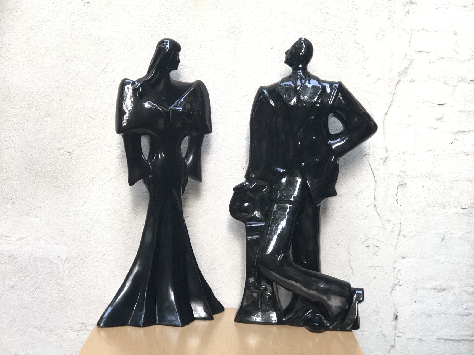 I Like Mike's Mid Century Modern Wall Decor & Art Neo Deco Black Ceramic Man & Woman Table Sculptures, 1980's
