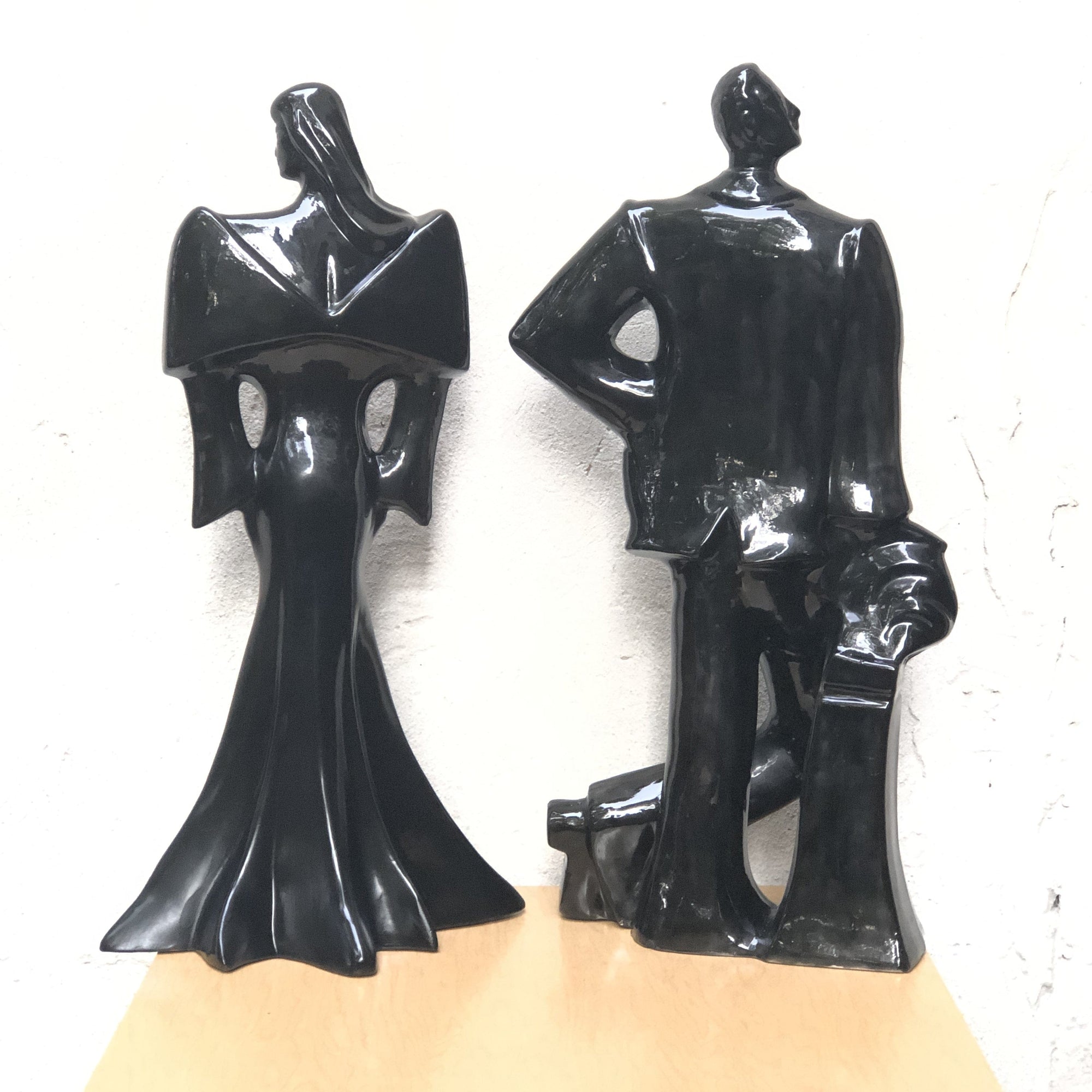 I Like Mike's Mid Century Modern Wall Decor & Art Neo Deco Black Ceramic Man & Woman Table Sculptures, 1980's