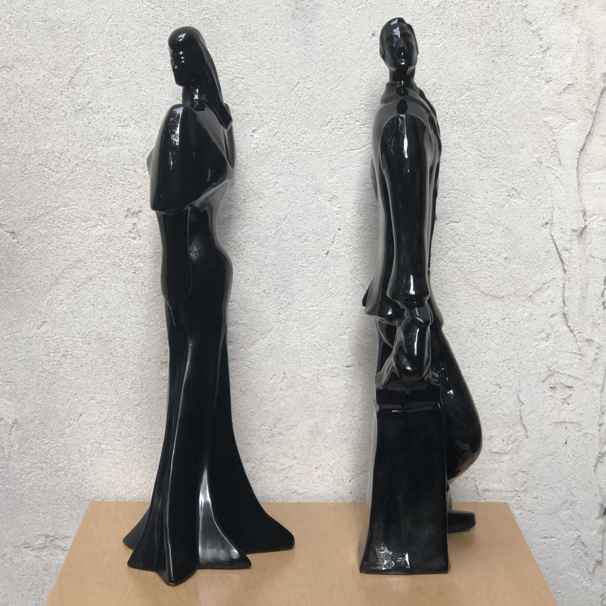 I Like Mike's Mid Century Modern Wall Decor & Art Neo Deco Black Ceramic Man & Woman Table Sculptures, 1980's