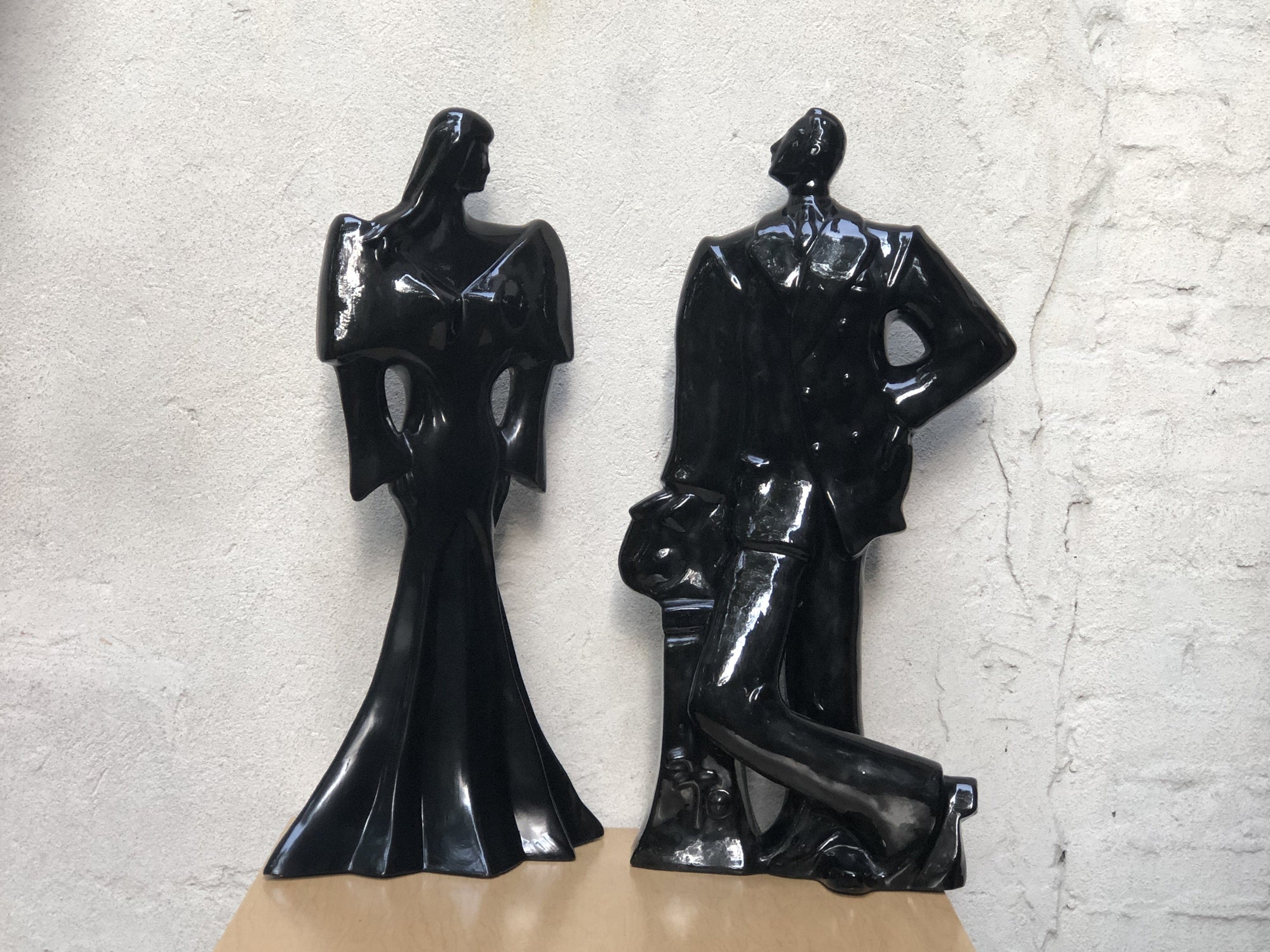 I Like Mike's Mid Century Modern Wall Decor & Art Neo Deco Black Ceramic Man & Woman Table Sculptures, 1980's
