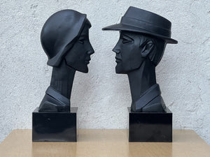 I Like Mike's Mid Century Modern Wall Decor & Art Neo Deco Pair Black Ceramic Man & Woman by David Fisher for Austin Productions, 1988