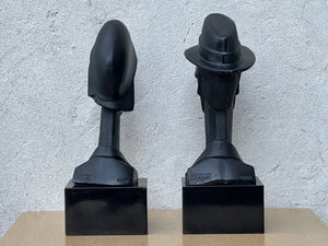I Like Mike's Mid Century Modern Wall Decor & Art Neo Deco Pair Black Ceramic Man & Woman by David Fisher for Austin Productions, 1988