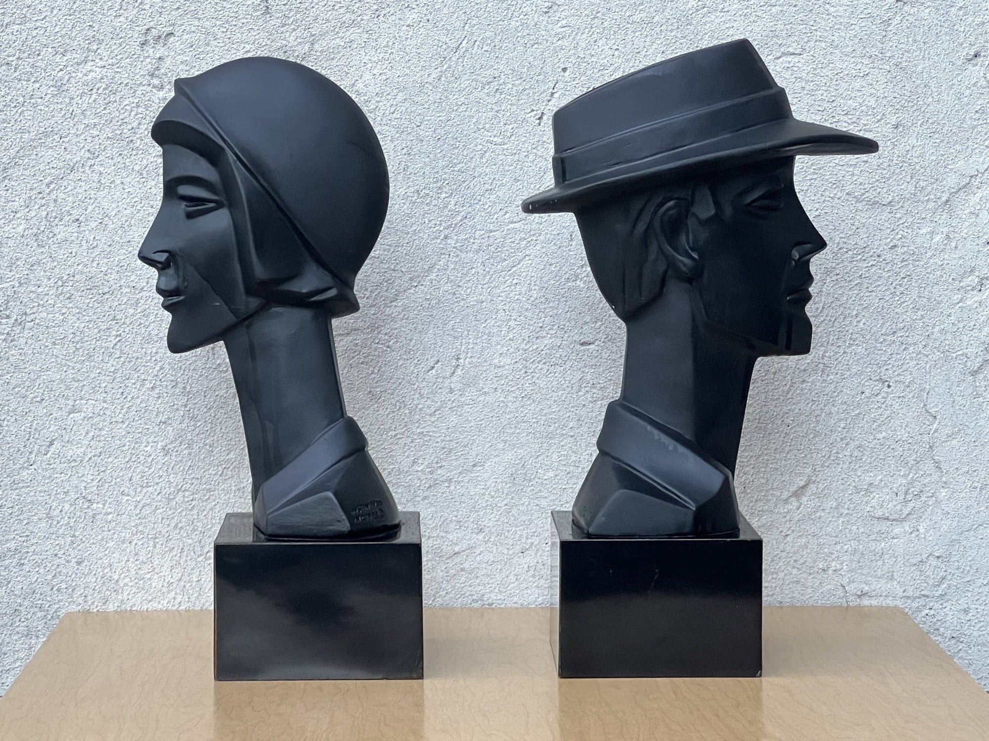 I Like Mike's Mid Century Modern Wall Decor & Art Neo Deco Pair Black Ceramic Man & Woman by David Fisher for Austin Productions, 1988
