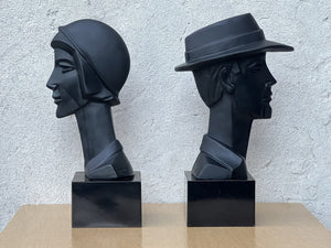 I Like Mike's Mid Century Modern Wall Decor & Art Neo Deco Pair Black Ceramic Man & Woman by David Fisher for Austin Productions, 1988