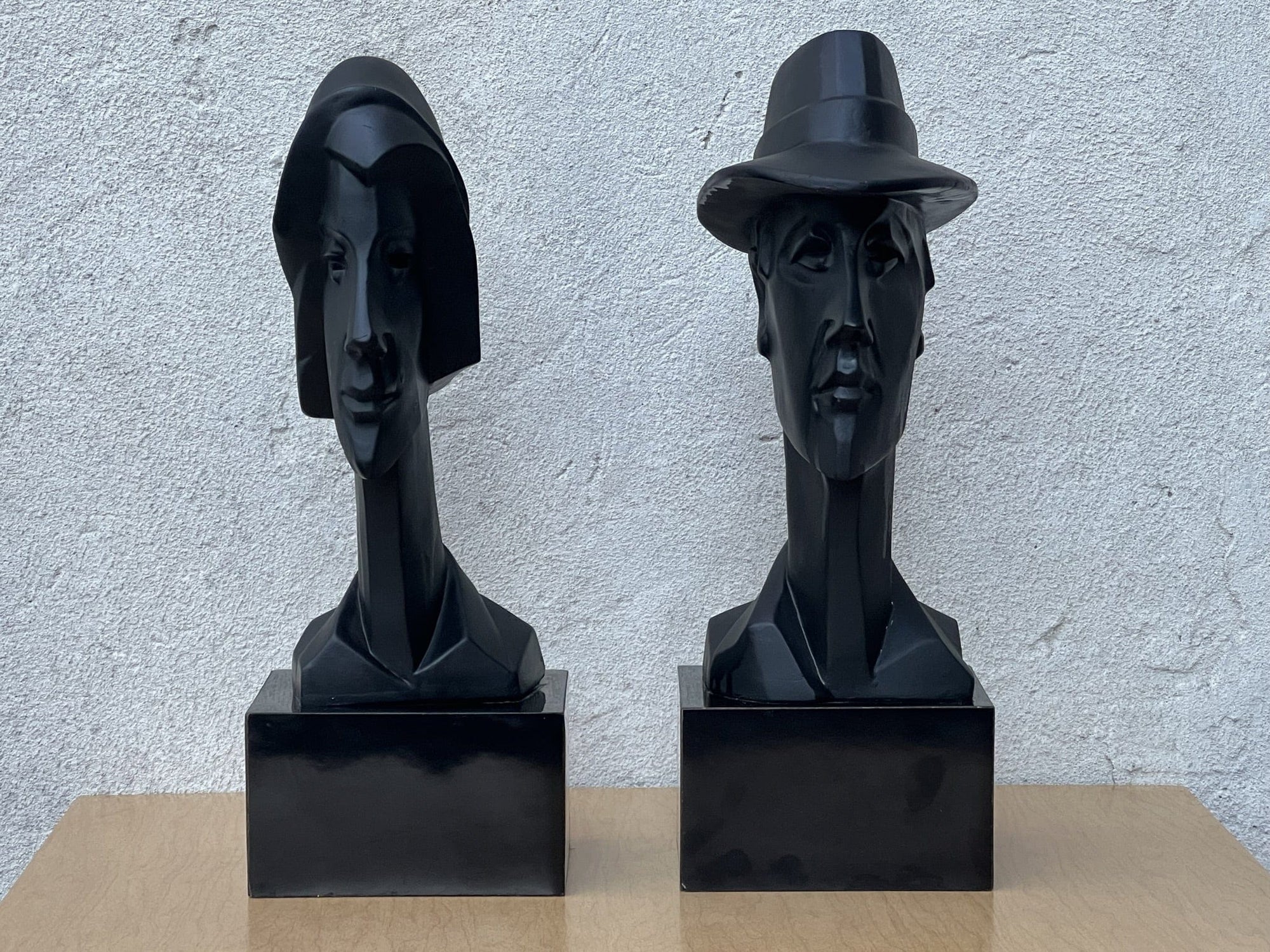 I Like Mike's Mid Century Modern Wall Decor & Art Neo Deco Pair Black Ceramic Man & Woman by David Fisher for Austin Productions, 1988