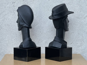 I Like Mike's Mid Century Modern Wall Decor & Art Neo Deco Pair Black Ceramic Man & Woman by David Fisher for Austin Productions, 1988