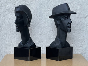 I Like Mike's Mid Century Modern Wall Decor & Art Neo Deco Pair Black Ceramic Man & Woman by David Fisher for Austin Productions, 1988
