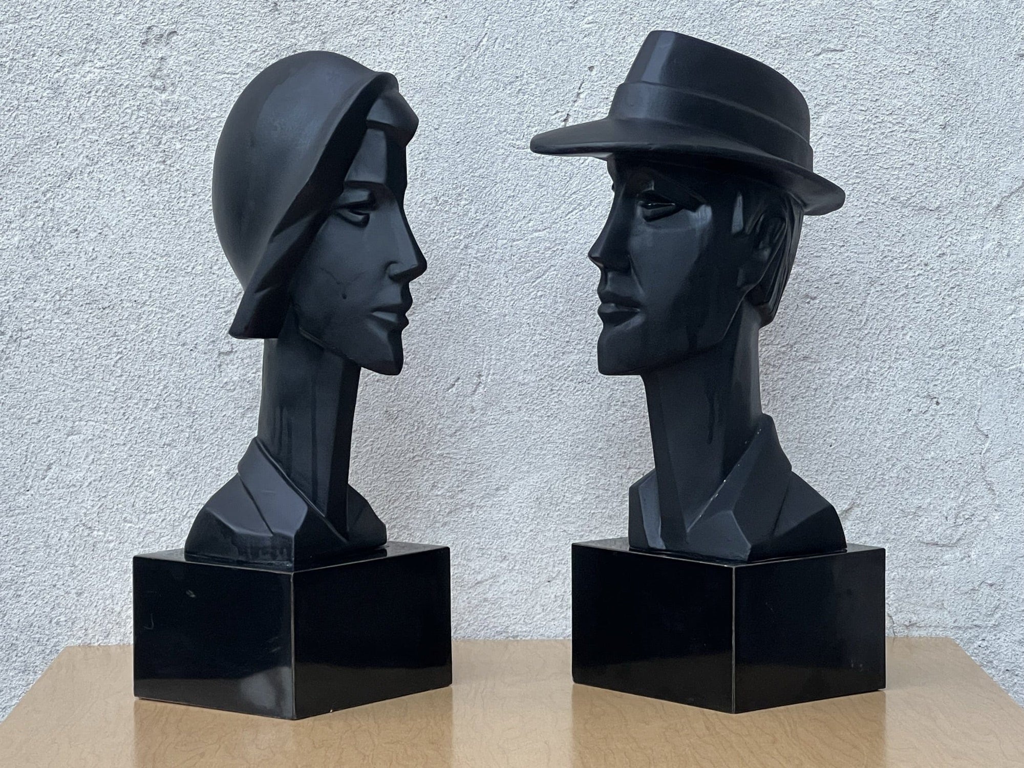 I Like Mike's Mid Century Modern Wall Decor & Art Neo Deco Pair Black Ceramic Man & Woman by David Fisher for Austin Productions, 1988