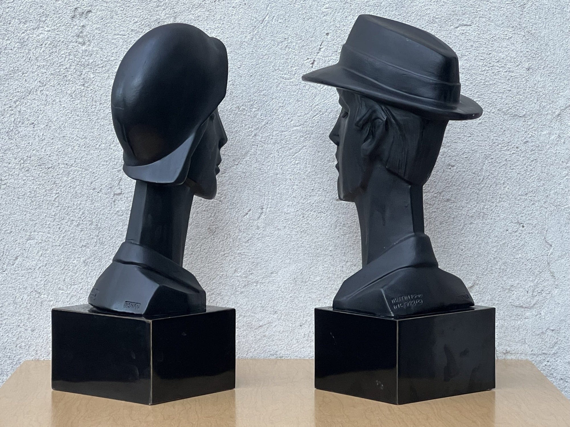 I Like Mike's Mid Century Modern Wall Decor & Art Neo Deco Pair Black Ceramic Man & Woman by David Fisher for Austin Productions, 1988