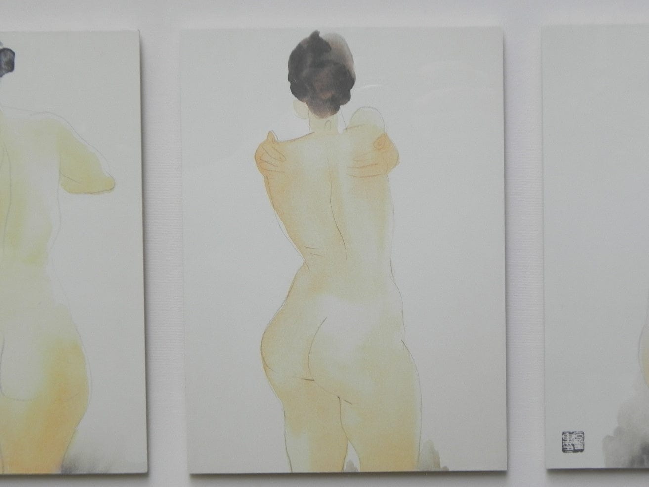 I Like Mike's Mid Century Modern Wall Decor & Art Nude Japanese Watercolor Series Framed in Shadow Box, Linderas