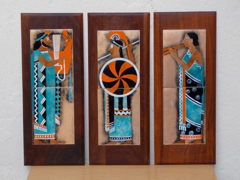 I Like Mike's Mid-Century Modern Wall Decor & Art Orange & Aqua Blue Enameled Roman - Greco / Greek / Grecian / Etruscan Wall Hangings