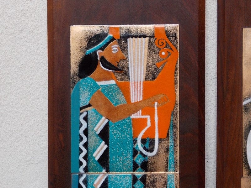 I Like Mike's Mid-Century Modern Wall Decor & Art Orange & Aqua Blue Enameled Roman - Greco / Greek / Grecian / Etruscan Wall Hangings