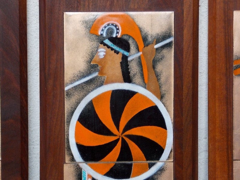 I Like Mike's Mid-Century Modern Wall Decor & Art Orange & Aqua Blue Enameled Roman - Greco / Greek / Grecian / Etruscan Wall Hangings