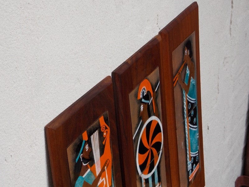 I Like Mike's Mid-Century Modern Wall Decor & Art Orange & Aqua Blue Enameled Roman - Greco / Greek / Grecian / Etruscan Wall Hangings