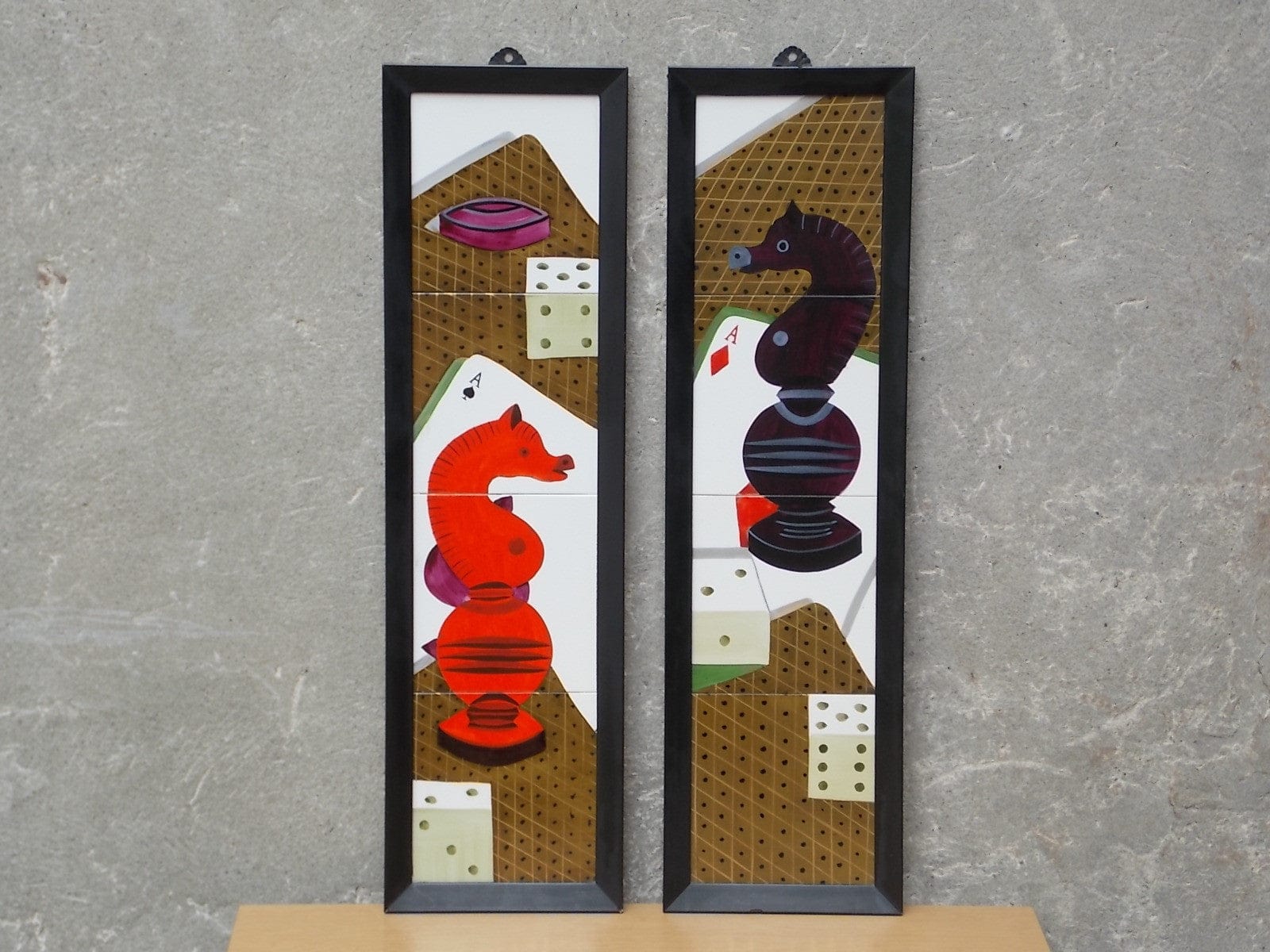 I Like Mike's Mid-Century Modern Wall Decor & Art Pair Black & Red Chess Ceramic Tile Wall Hangings - Game Room Decor