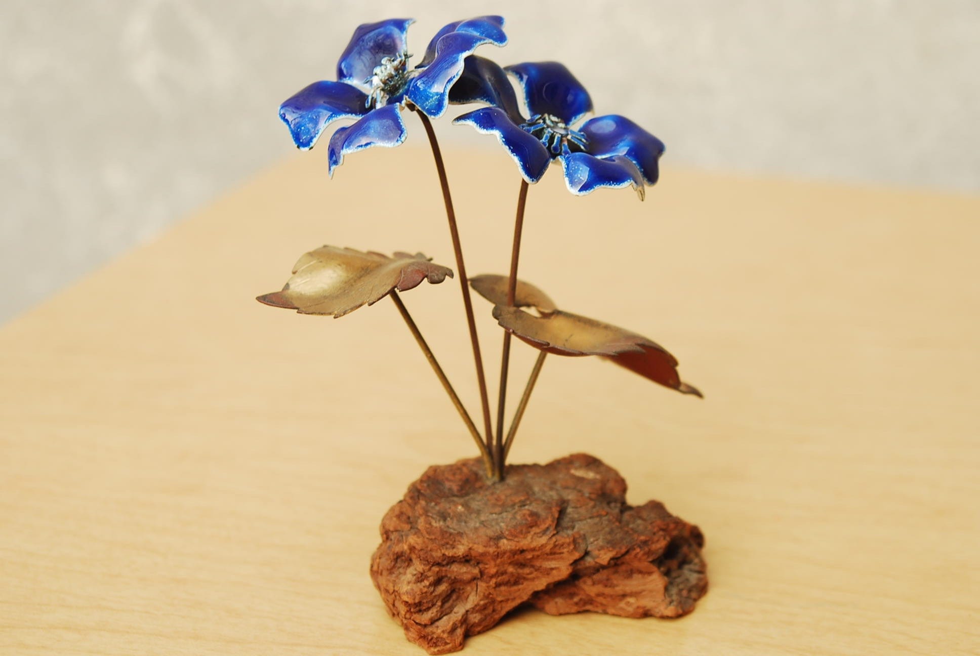 I Like Mike's Mid-Century Modern Wall Decor & Art Pair Bovano Copper Flowers with Red & Blue Enamel