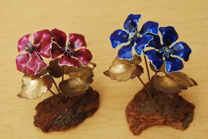 I Like Mike's Mid-Century Modern Wall Decor & Art Pair Bovano Copper Flowers with Red & Blue Enamel