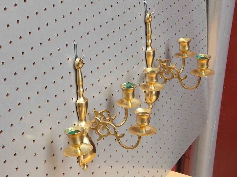 I Like Mike's Mid-Century Modern Wall Decor & Art Pair Brass 3-Candle Holder Sconces