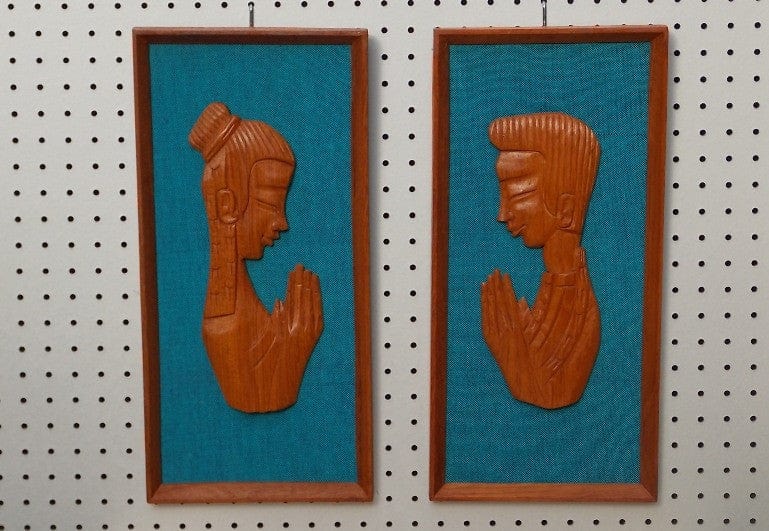 I Like Mike's Mid-Century Modern Wall Decor & Art Pair Carved Teak and Blue Asian Wall Hangings