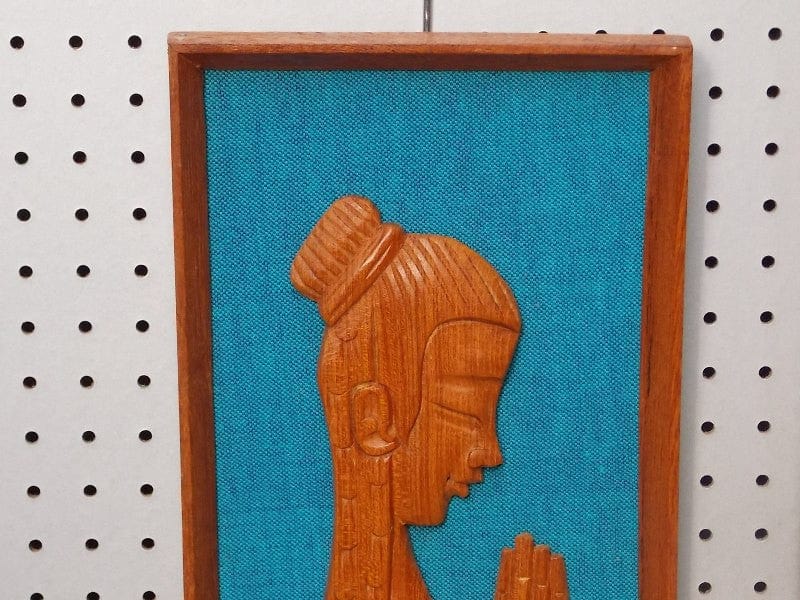 I Like Mike's Mid-Century Modern Wall Decor & Art Pair Carved Teak and Blue Asian Wall Hangings