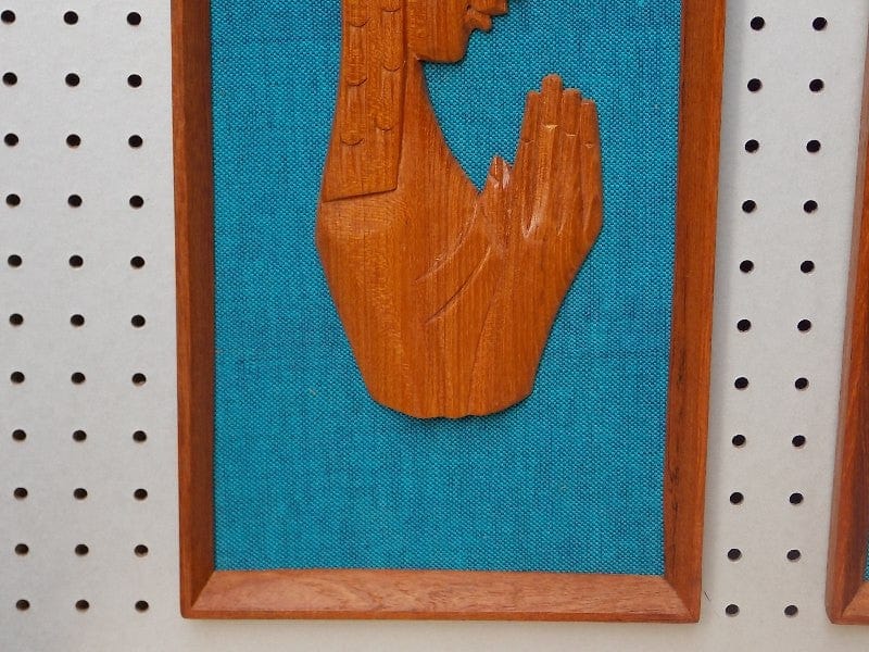 I Like Mike's Mid-Century Modern Wall Decor & Art Pair Carved Teak and Blue Asian Wall Hangings