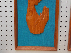 I Like Mike's Mid-Century Modern Wall Decor & Art Pair Carved Teak and Blue Asian Wall Hangings