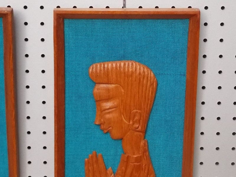 I Like Mike's Mid-Century Modern Wall Decor & Art Pair Carved Teak and Blue Asian Wall Hangings