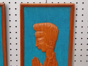 I Like Mike's Mid-Century Modern Wall Decor & Art Pair Carved Teak and Blue Asian Wall Hangings