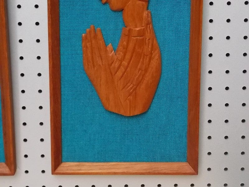 I Like Mike's Mid-Century Modern Wall Decor & Art Pair Carved Teak and Blue Asian Wall Hangings