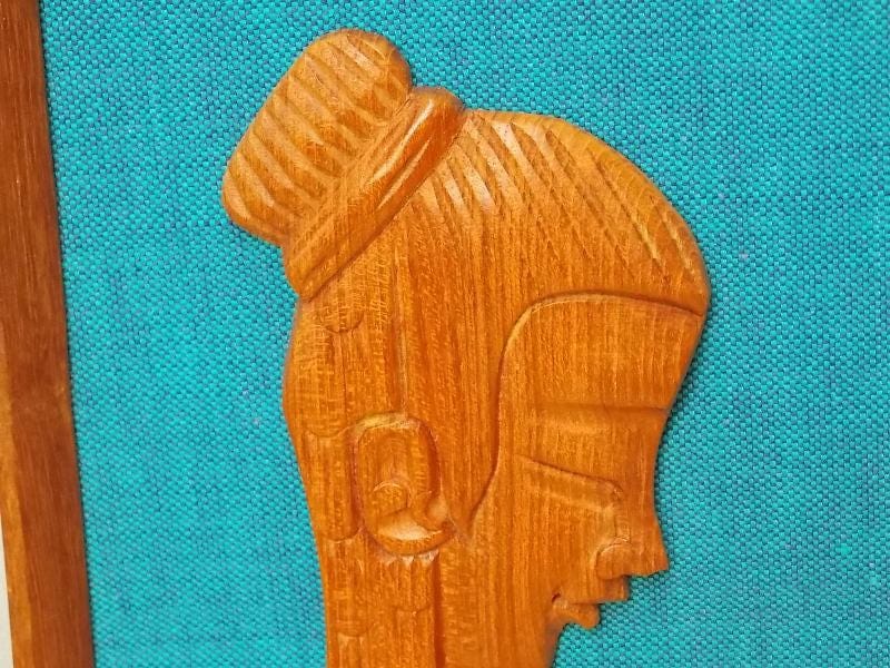 I Like Mike's Mid-Century Modern Wall Decor & Art Pair Carved Teak and Blue Asian Wall Hangings