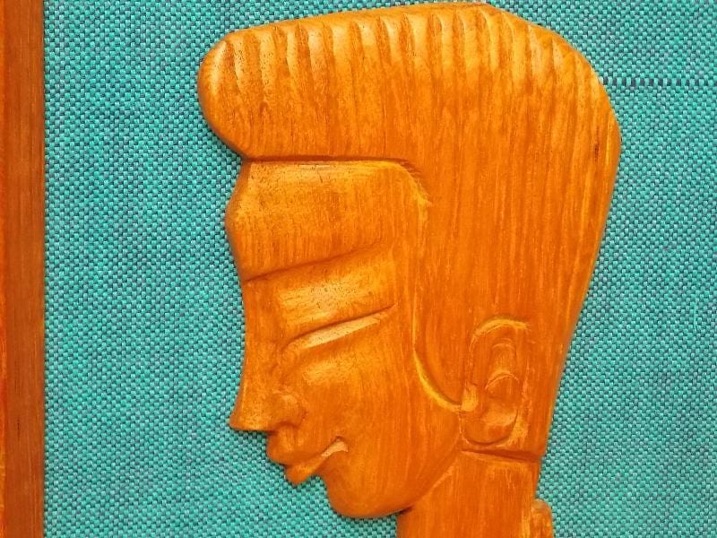 I Like Mike's Mid-Century Modern Wall Decor & Art Pair Carved Teak and Blue Asian Wall Hangings