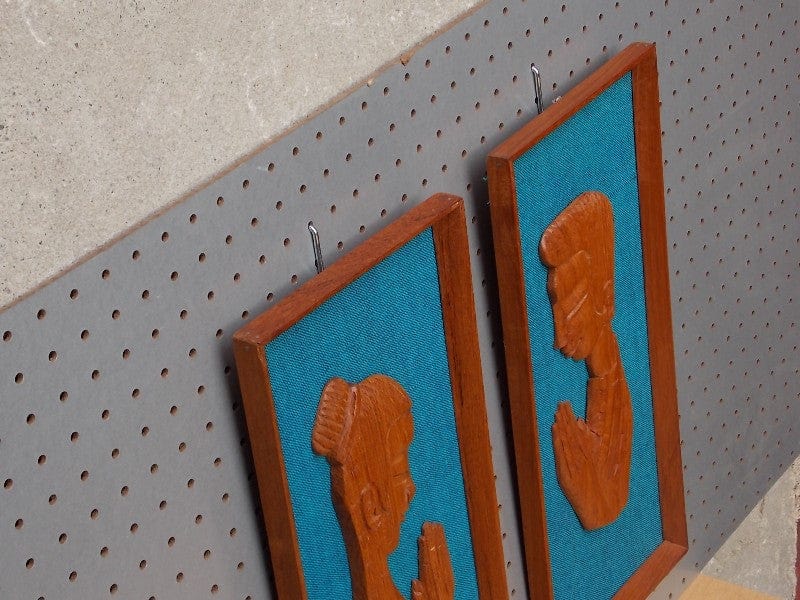 I Like Mike's Mid-Century Modern Wall Decor & Art Pair Carved Teak and Blue Asian Wall Hangings