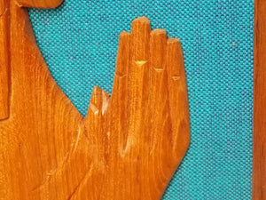 I Like Mike's Mid-Century Modern Wall Decor & Art Pair Carved Teak and Blue Asian Wall Hangings