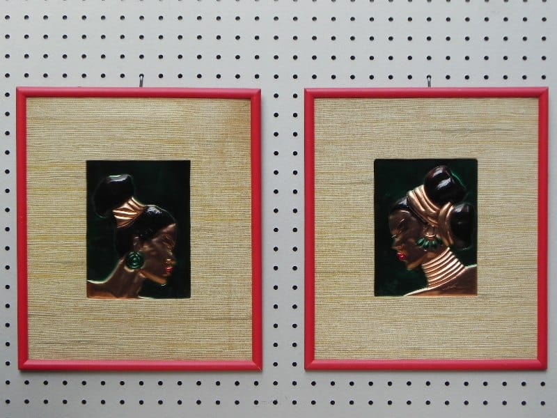 I Like Mike's Mid Century Modern Wall Decor & Art Pair Enamel on Tooled Copper Wall Hangings, African Women by Wanda Irwin