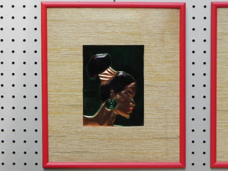 I Like Mike's Mid Century Modern Wall Decor & Art Pair Enamel on Tooled Copper Wall Hangings, African Women by Wanda Irwin