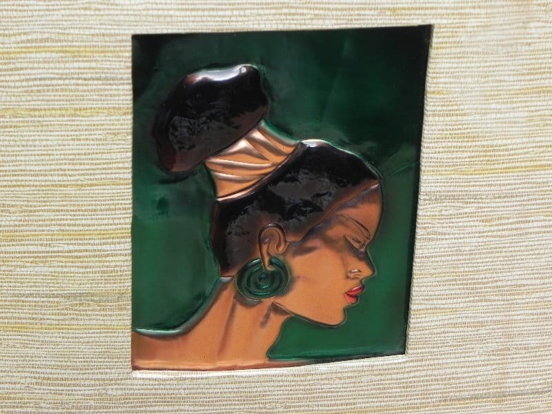 I Like Mike's Mid Century Modern Wall Decor & Art Pair Enamel on Tooled Copper Wall Hangings, African Women by Wanda Irwin