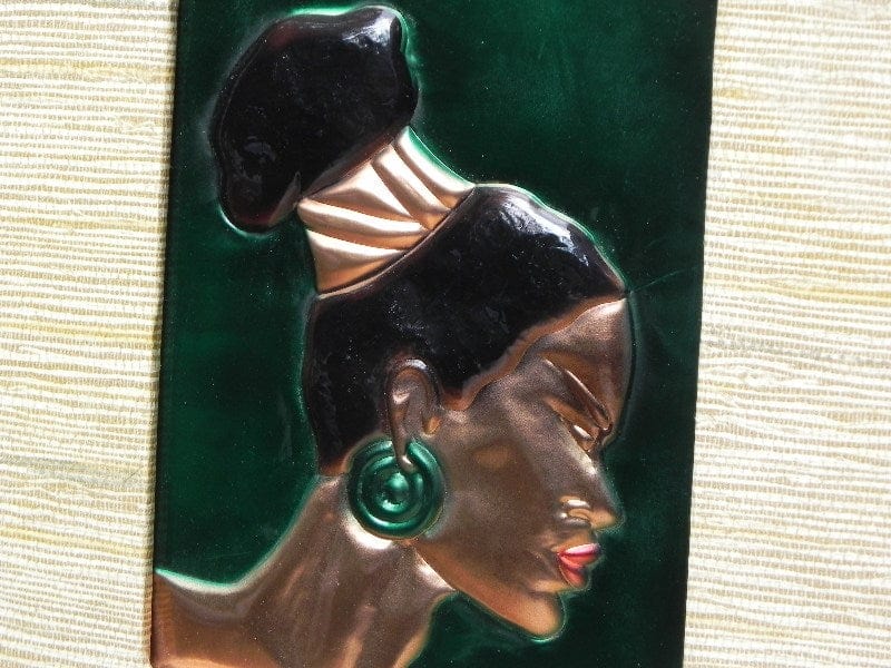 I Like Mike's Mid Century Modern Wall Decor & Art Pair Enamel on Tooled Copper Wall Hangings, African Women by Wanda Irwin