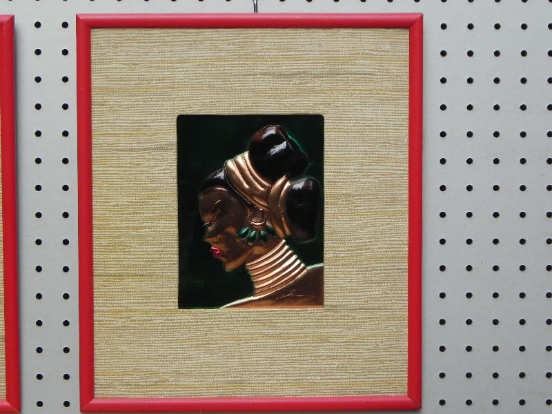 I Like Mike's Mid Century Modern Wall Decor & Art Pair Enamel on Tooled Copper Wall Hangings, African Women by Wanda Irwin