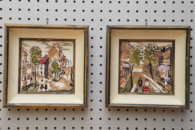 I Like Mike's Mid-Century Modern Wall Decor & Art Pair Framed Ceramic Tile Village Scenes - Hand Painted