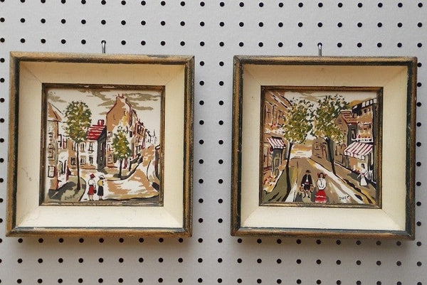 Pair Framed Ceramic Tile Village Scenes Hand Painted I Like Mikes Mid  Century Modern