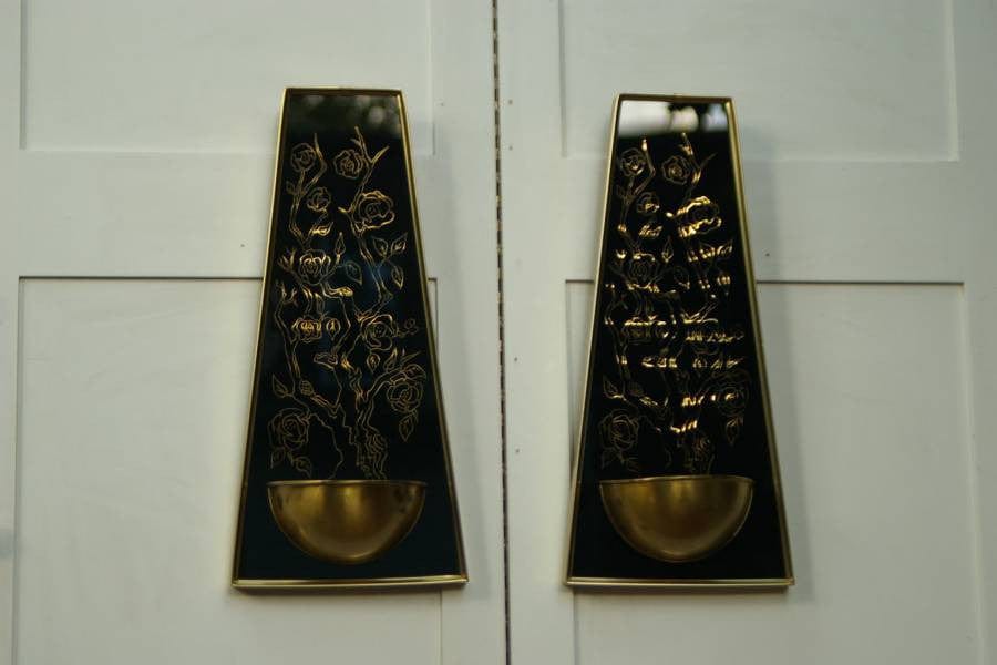 I Like Mike's Mid-Century Modern Wall Decor & Art Pair Glass and Metal Black & Gold Wall Sconces