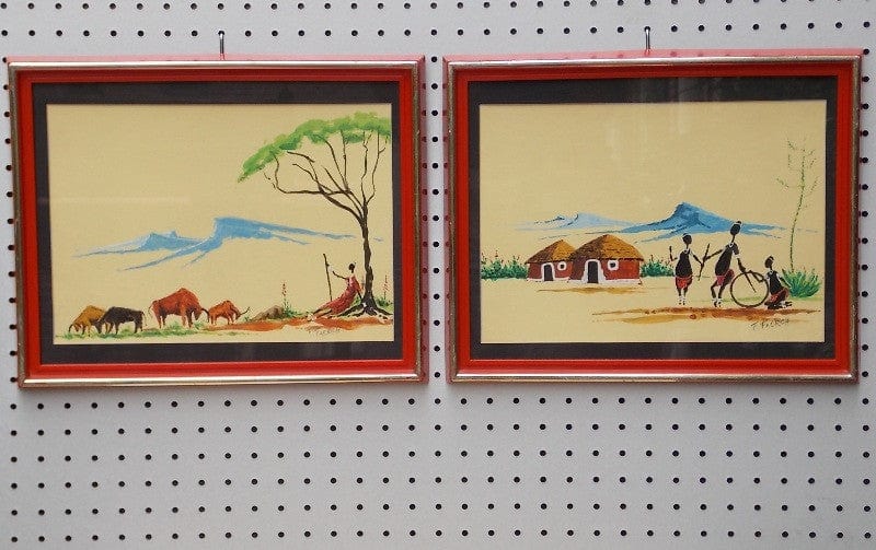 I Like Mike's Mid-Century Modern Wall Decor & Art Pair Original African Village Scenes Original Signed Paintings